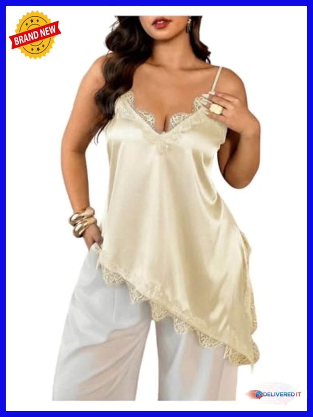 Plus Size Satin Lace Cami Spaghetti Strap Asymmetrical Camisole Top